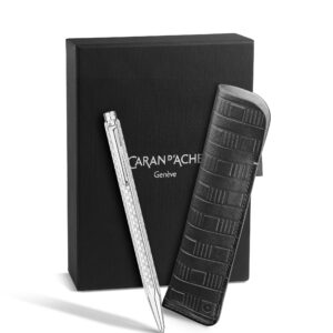 Set Kugelschreiber Ecridor™ Damier Silbergrau & Etui aus Leder Schwarz