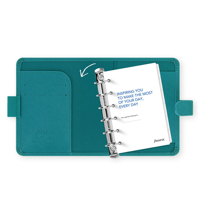 Filofax Saffiano Pocket Organiser Aquamarine geöffnet